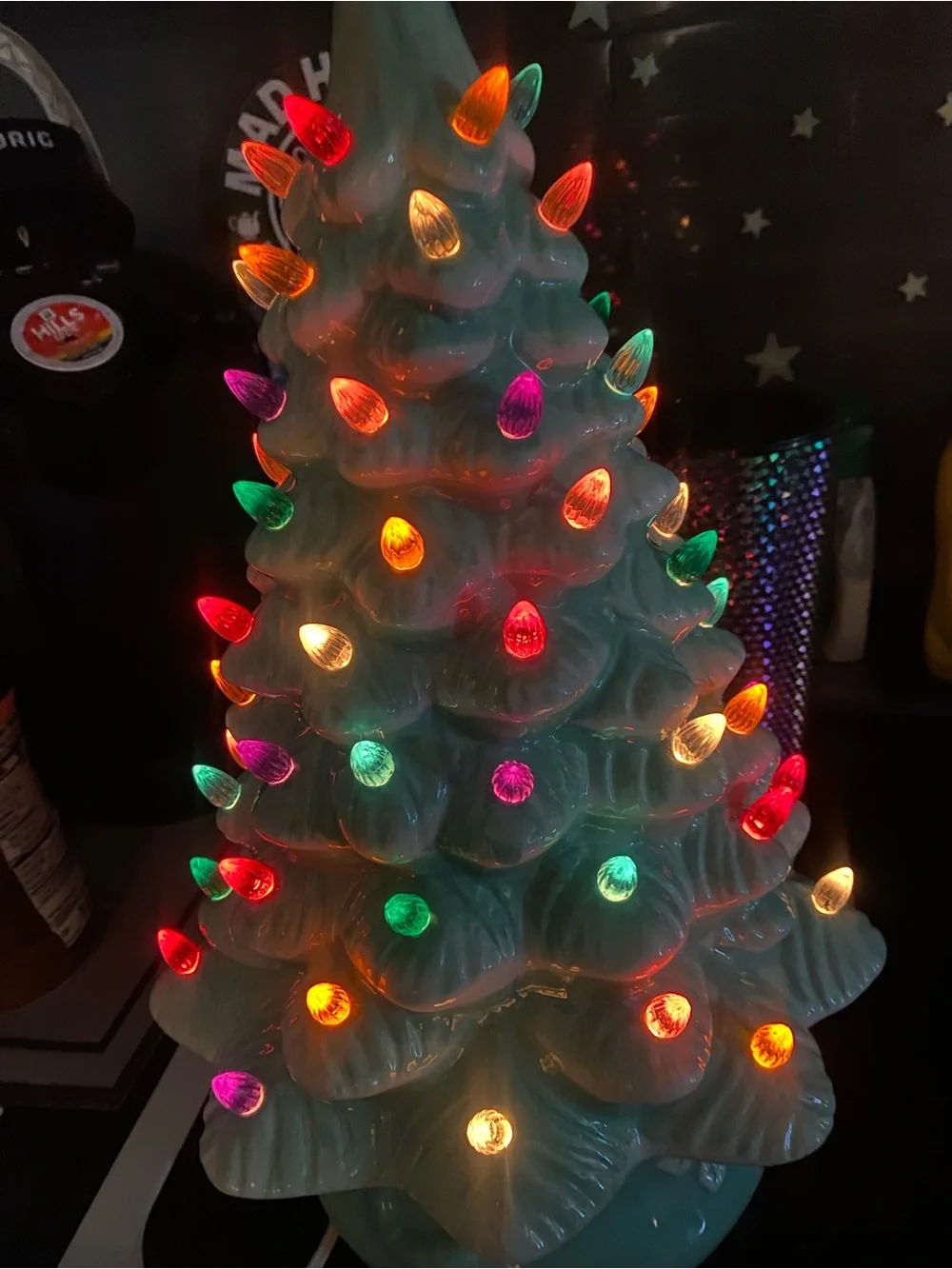 Vintage Ceramic Light-Up Holiday Tree - Mint Green with Multicolor Lights